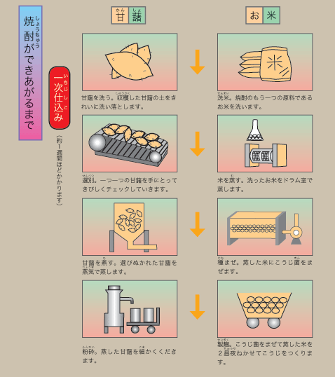 ２ 工業製品と甘藷 みそとしょうゆ 沖縄に甘藷が導入されていらい 甘藷はみそやしょぅゆなどといった調味料の原料としても さかんに利用されるようになります 昭和の初めごろまで 沖縄の農家では ンムカシ アーシをうすでひきくだいて えん