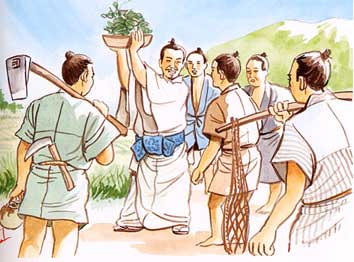 村人に甘藷見せる野國總管
